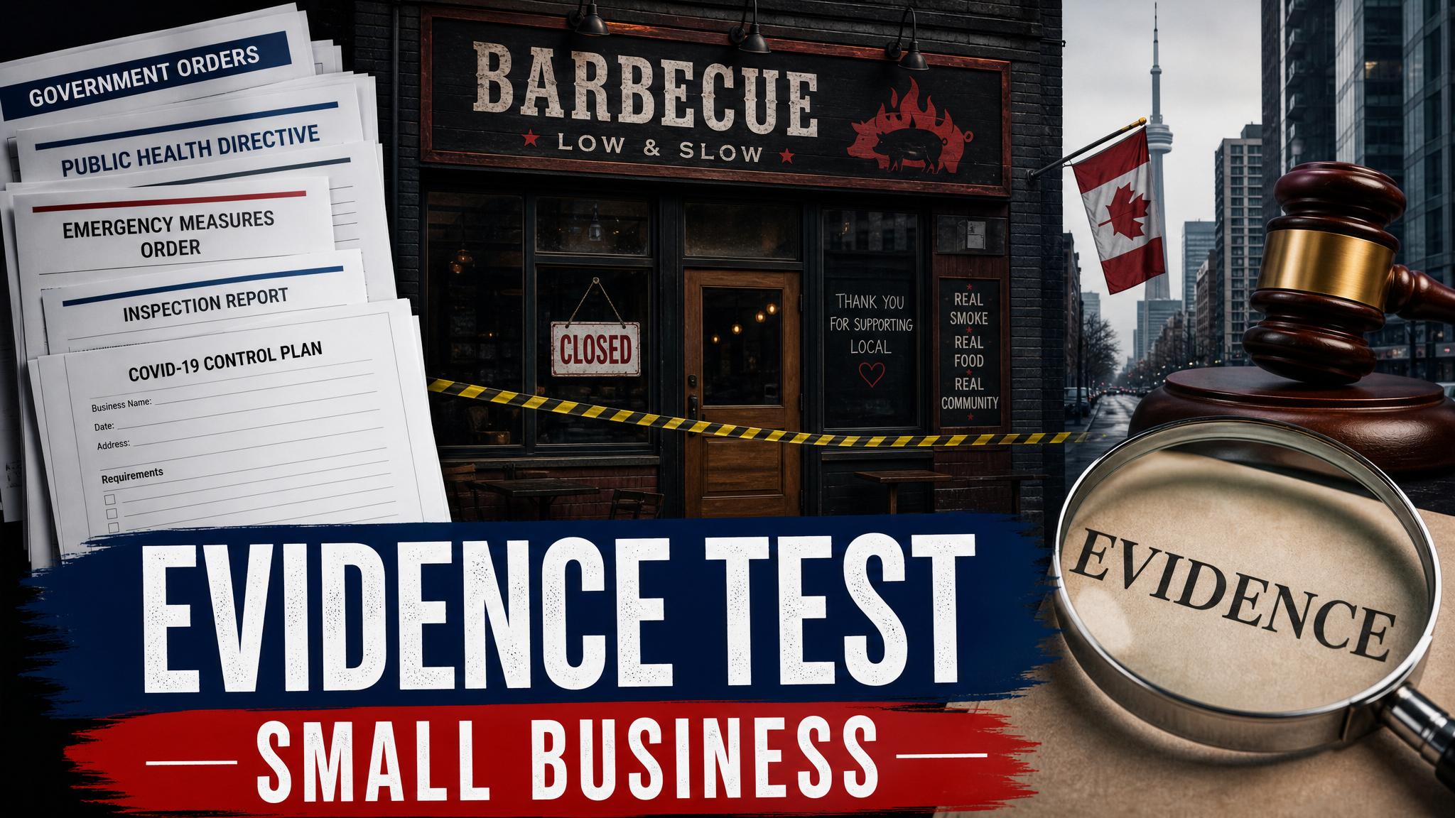 Editorial graphic showing a small barbecue restaurant, government orders and a gavel over the word evidence