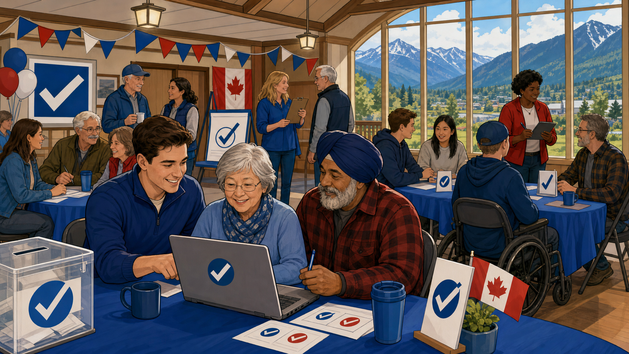 Editorial cartoon of conservative volunteers helping grassroots members verify and get ready to vote